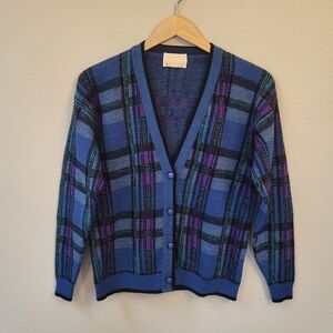 VTG Pendleton Wool Cardigan Size Small Blue Purple Plaid V-Neck Button Up 80s